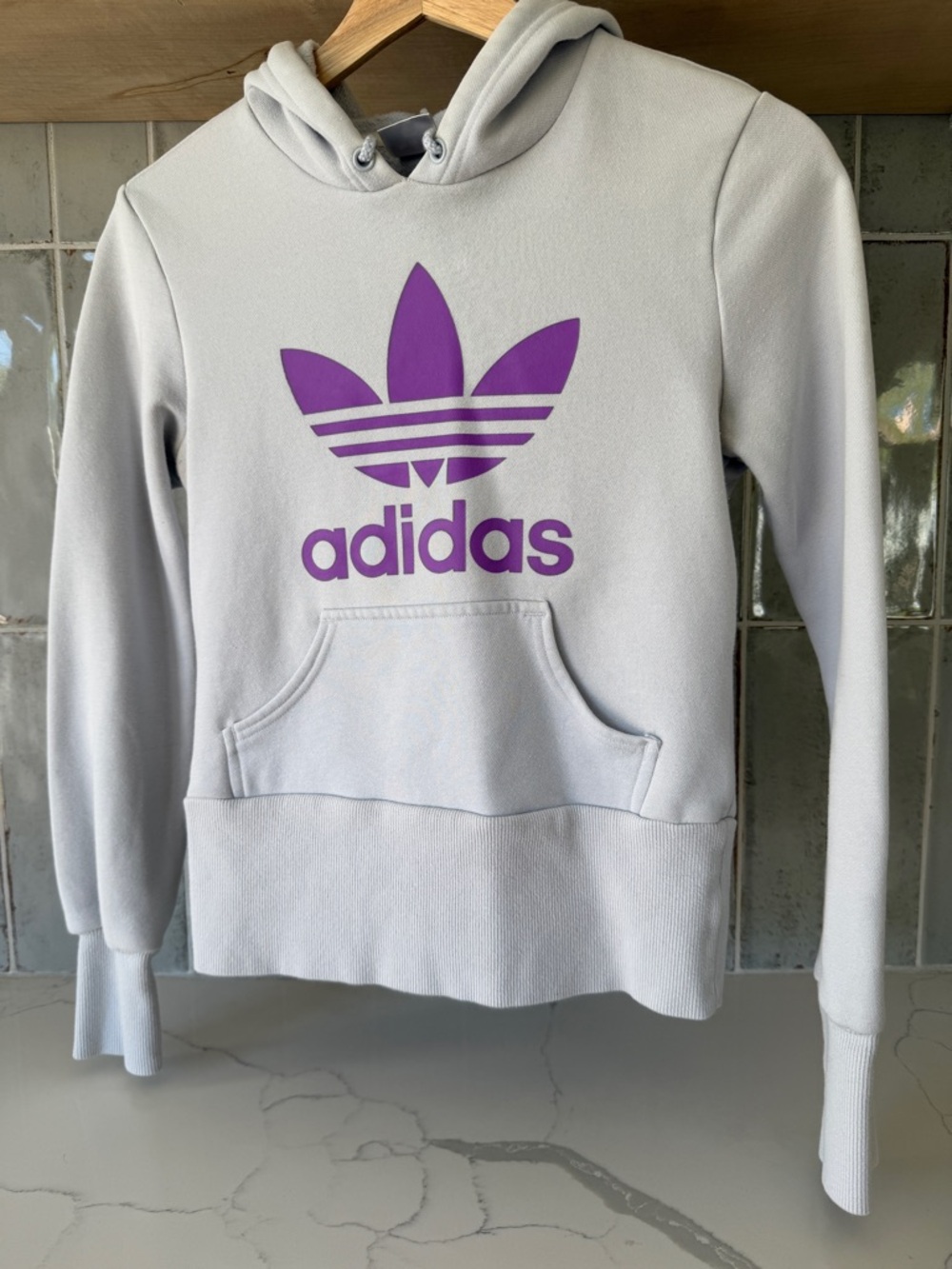 Adidas Light Gray Women's Hoodie with Purple Trefoil